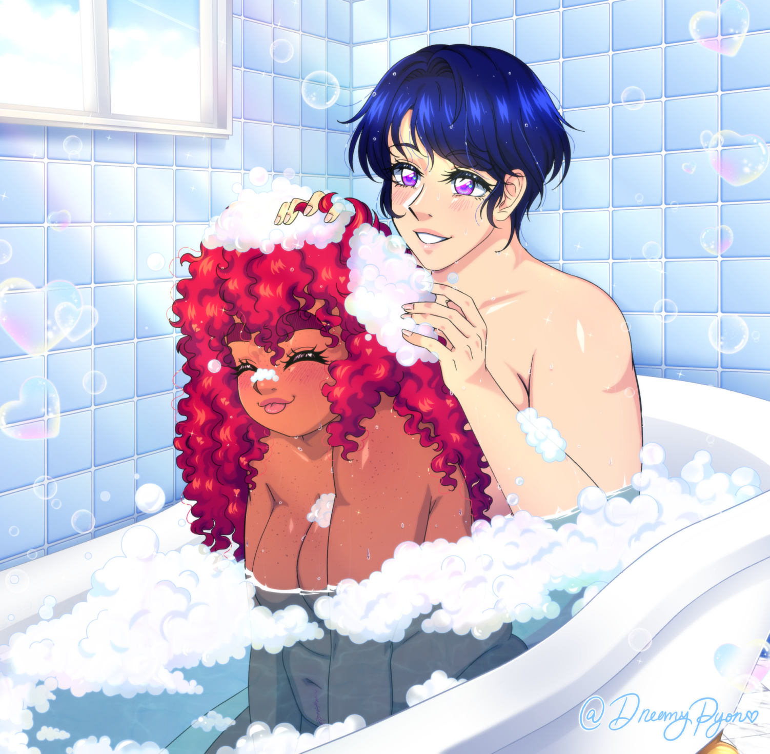 Valerie Amaranth and Sophie Anderson sharing a bubble bath together in a blue bathroom. Sophie is washing Val's hair and smiling, Val has her tongue sticking out. there are heart shaped bubbles and sparkles around them.