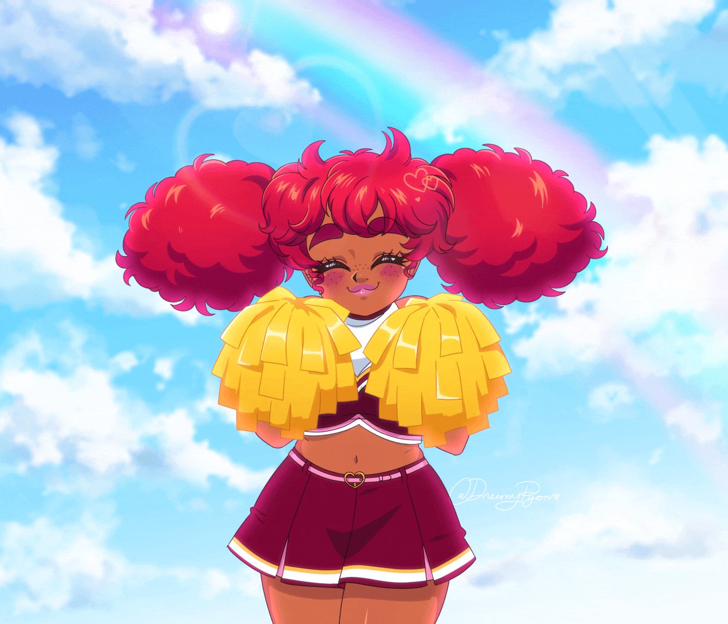 Animation of Valerie Amaranth dressed in her cheer uniform and waving pompoms. She has big poofy curly twintails, her uniform is dark red with white, gold, and pink details, and she has gold pompoms.